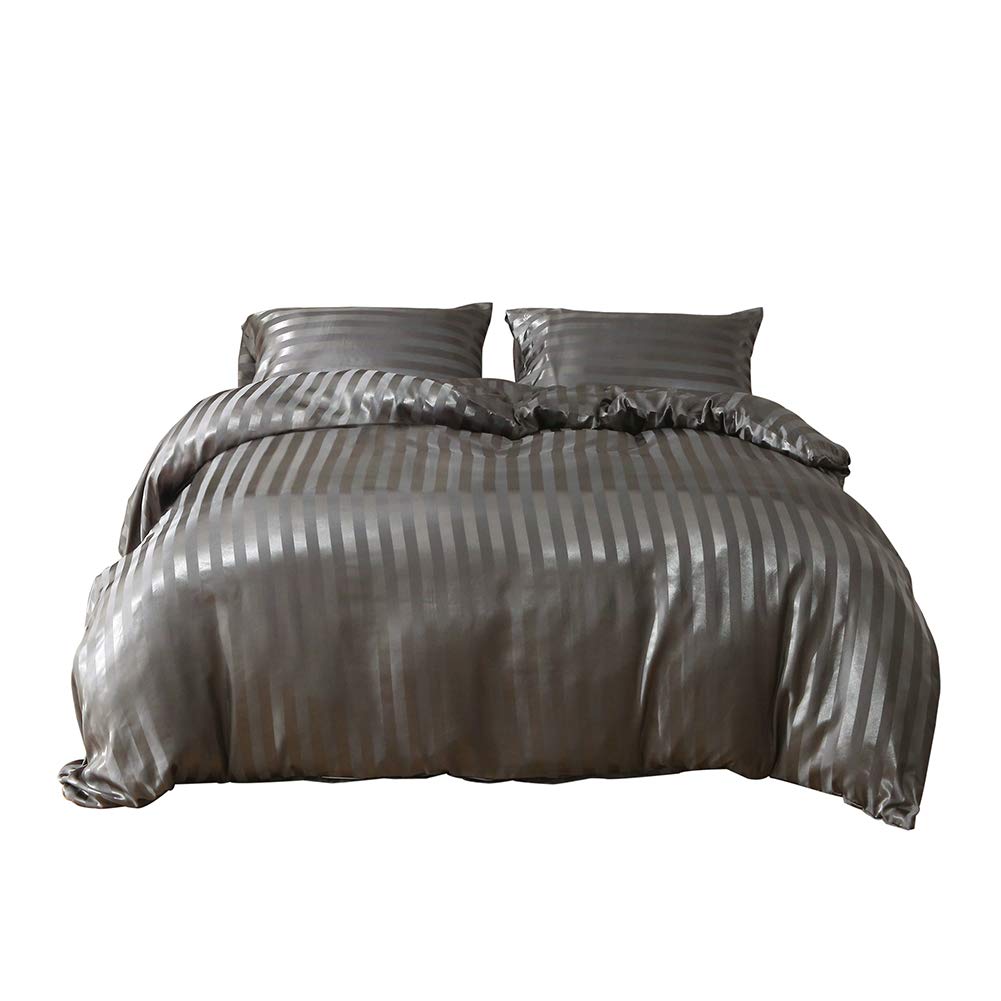 HOTNIU Striped Satin Silk Duvet Cover Set with Zipper Closure - Quality Ultra Soft Premium 3 pieces Bedding Collection Sets - 100% Microfiber Comforter Protector with SHAM (Grey, King)