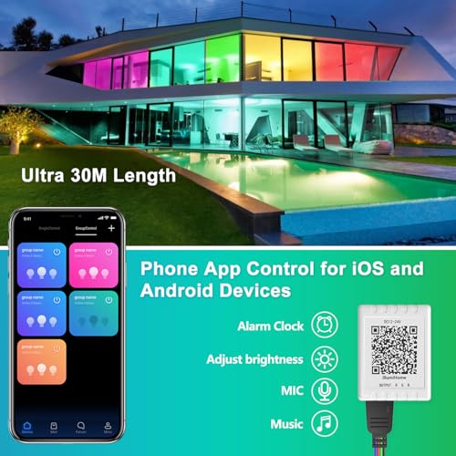 Mexllex LED Strip Lights 30M, Music Sync Color Changing RGB LED Strip with Remote, Sensitive Built-in Mic, App Controlled LED Lights, RGB LED Light Strip(APP+Remote+Mic)