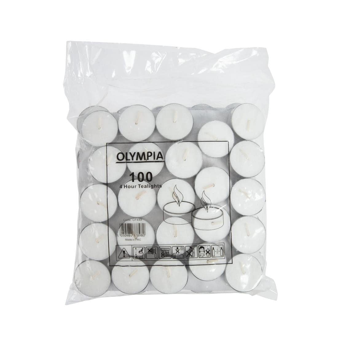 Olympia White Tealights (100 Pack) - 4-Hour Burn Time, Standard Size 40mm GF448