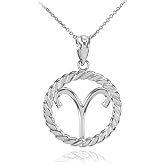 High Polish 10k White Gold Roped Circle Zodiac Sign Personalized Aries Pendant Necklace