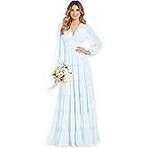 Monvelli Women's Long Sleeve Tiered Bridesmaid Dresses V Neck Pleated Chiffon Empire Waist Formal Evening Prom Gowns