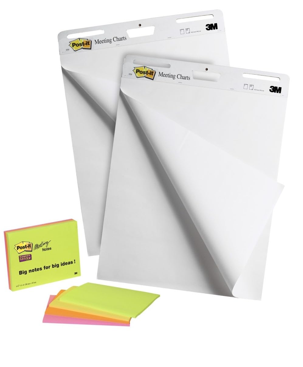 Post-it Super Sticky Self Stick Meeting Chart, White, 63.5 cm x 76.2 cm, Promo Pack 2 + 4 Free Notes Pads - for Office, Team Work, School, Classroom Supplies, Home Teaching