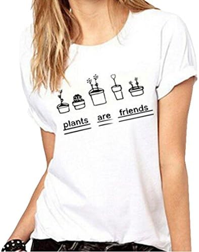 ZAWAPEMIA Womens Crew Neck Plants Are Friends Printed Cute Tshirt Tees XXS White
