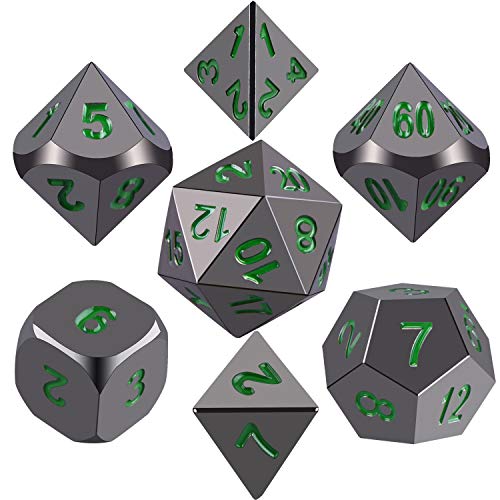 SIQUK Metal Polyhedral Dice Shiny Black Body and Dark Green Numbers Zinc Alloy Dice with Metal Case, 7-Die Dice Role Playing Game Dice for Dungeons and Dragons RPG Dice Gaming D&D and Math Teaching