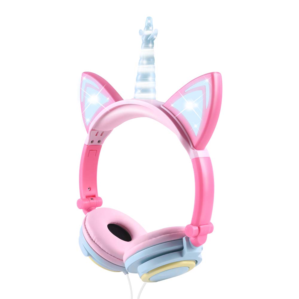 Unicorn Kids Headphones, Over Ear with LED Glowing Cat Ears,Safe Wired