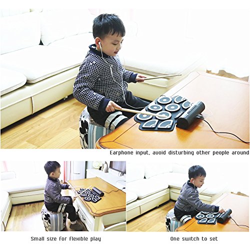 Lujex 9 Pad Roll Up Drum Kit Portable Electronic Drum Set Percussion Instrument with Speaker Can Be Connected to Computer