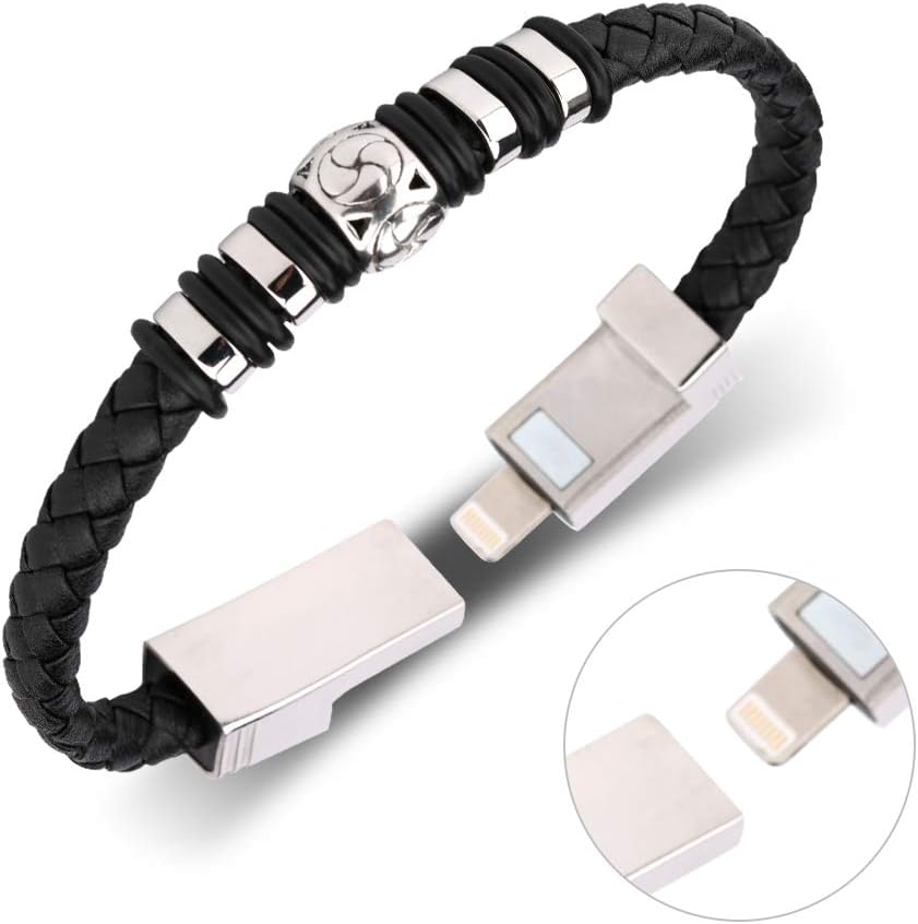USB Charging Bracelet Data Charging Cord- Durable Braided Leather Charging Wrist Cuff USB 8.2"(Black)
