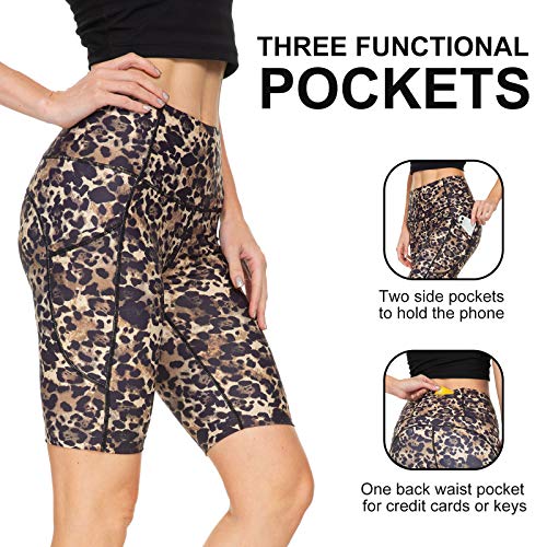 Running Shorts for Women High Waist Pants Yoga Leggings Biker Workout Shorts with 3 Pockets Regular Plus Size (Khaki Leopard Print XS)