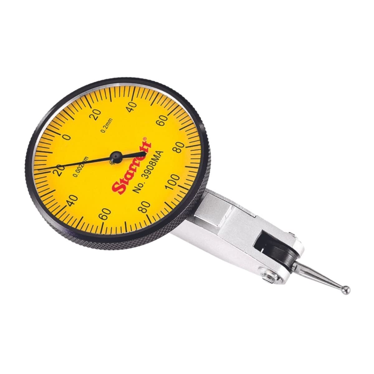 Starrett 3809MA Dial Test Indicator with Dovetail Mount and 2 Attachments, 32mm Yellow Dial, 0.8mm Range, 0.01mm Graduation