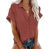APRAW Womens Casual Button Down Short Sleeve Shirts 2026 Summer Fashion Cotton Linen Shirt Top Blouses with Pocket