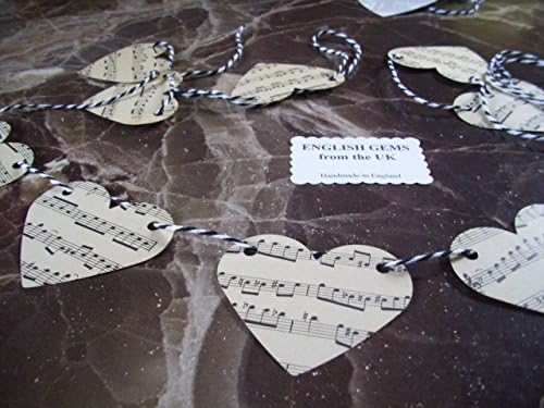 English Gems Handmade Paper Heart Bunting from Vintage Sheet Music on Cotton Twine