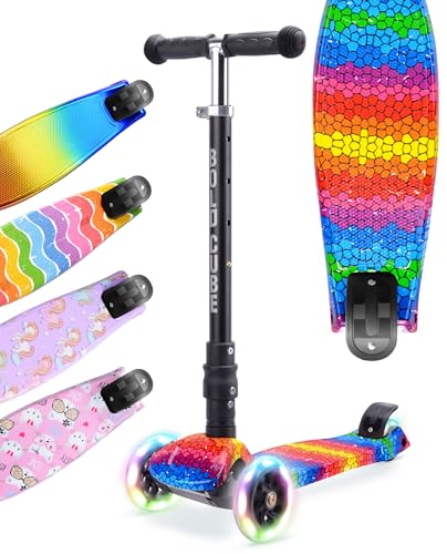 BOLDCUBE 3 Wheel Kids Scooter Foldable Height Adjustable Kick Scooter with Flashing LED Light Up Wheels, Scooters for Kids Aged 5 to 10 Years Birthday Gift for Boys Girls 4-7 years old +