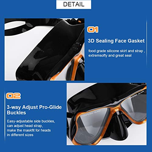 Aritan Snorkeling Snorkel Package Set, Anti-Leak Anti-Fog Coated Glass Diving Panoramic View Clear Tempered Glass Mask, Dry Top Soft Mouthpiece Snorkel Tube, Snorkeling Gear Bag (Golden, Two-Piece)