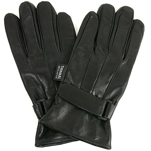 Mens Dressy Leather Gloves Velcro Wrist Strap Warm Thermal Lining Insulated L (Black)