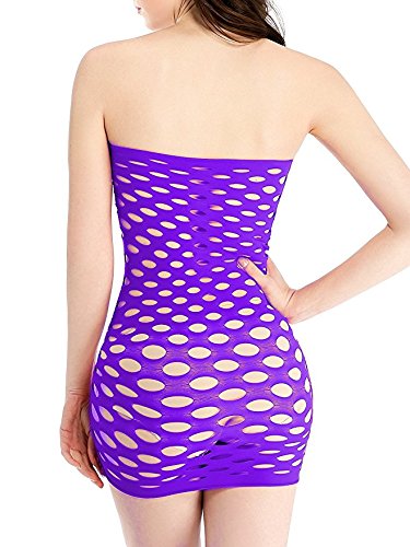 Women Mesh Chemise Dress BabyDoll Nighties Minidress Strapless Fishnet Lingerie Mini-dress One Size - Purple