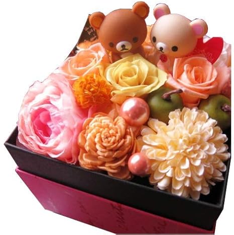 Amazon リラックマ入り 花 プリザーブドフラワーフレンチbox入り コリラックマ マスコット イエローオレンジ系 プリザーブドフラワー オンライン通販