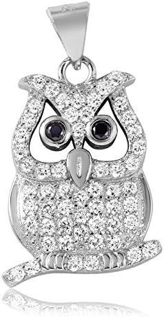 Sterling Silver Spiritual Owl, Bird, Symbol Simulated Black Onyx &amp; Clear CZ &amp; 18in Chain