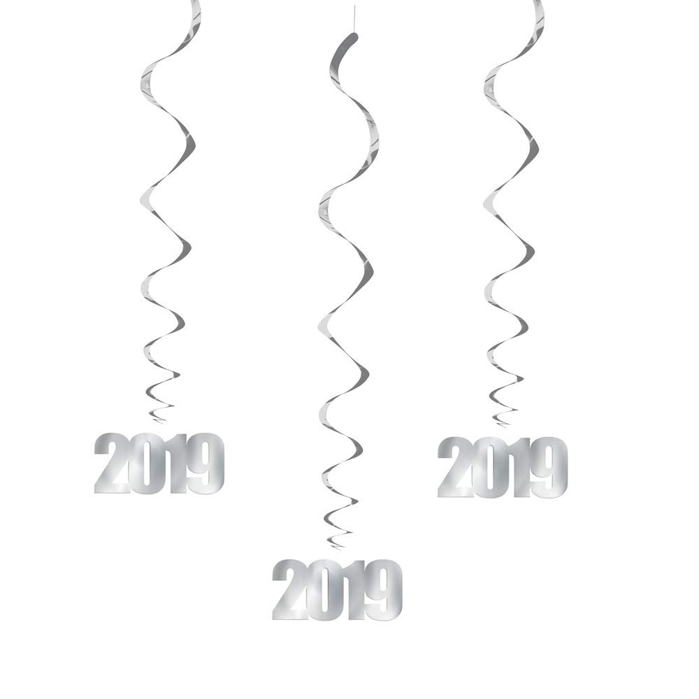 Unique Party 63664 - 32" Hanging Silver 2019 Decorations, Pack of 3