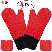 HmiL-U Oven Mitts | Pot Holders-1 Pair Extra Long Heat Resistant up to 500 F Cooking Gloves with 2 hot Pot Holder for Kitchen, Cooking, Baking,BBQ