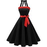 Timormode Womens Halter 1950s Dress Tea Party Swing Cocktail Dresses | Polka Dot and Solid Color Styles, Audrey Hepburn Dresses, A-Line Retro Cocktail Dress, Tea Party and Wedding Guest Occasions