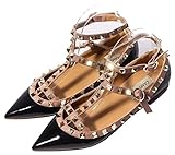 CAMSSOO Women's Metal Studs Strappy Buckle Pointy Toe Flats Comfortable Dress Pumps Shoes