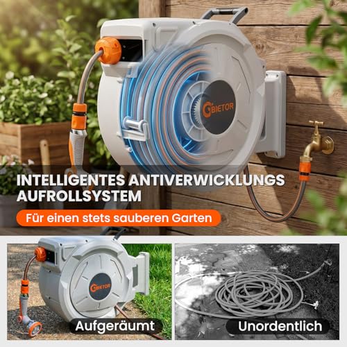 Bietor Hose Reel Water 45 m + 2 m, 180° Swivelling Wall Hose Box, Automatic Garden Hose Drum with 10 Functions Garden Shower for Watering, Car Washing