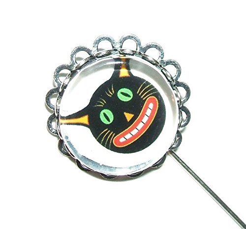 BLACK CAT Stick Pin Glass Covered Silver Pltd FOLK ART ILLUSTRATION