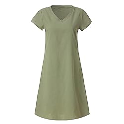 Women's Summer Cotton Linen Dress Loose V-Neck