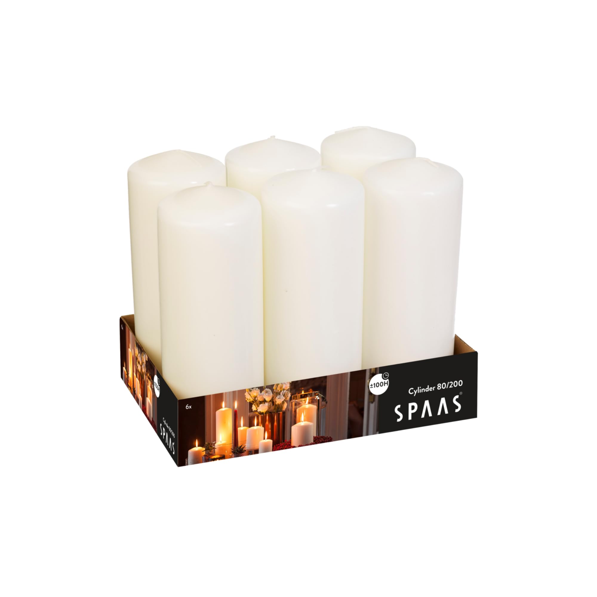 Spaas 6 Unscented Pillar Candle 80/200 mm, ±100 Hours, White