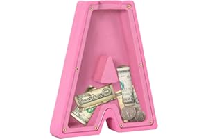SHAPEAZY Wooden Letter Piggy Bank,Personalized Creative Twenty-Six English Alphabet Storage Tank,Coin Bank Perfect Decor,Unique Gift or Savings Money Box for Kids with Sticker for DIY (A-Pink)