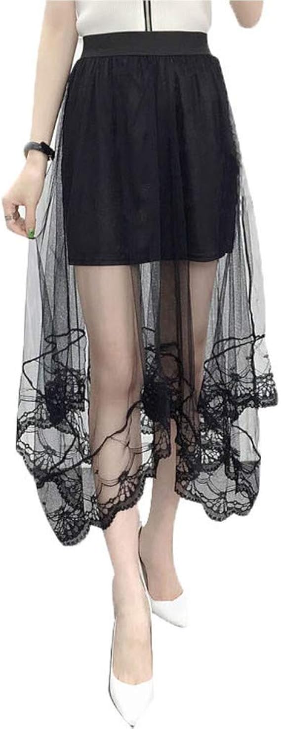 Amazon レース付きロングスカート ウェストゴム レディース 不規則裾 ブラック フリーサイズ スカート 通販