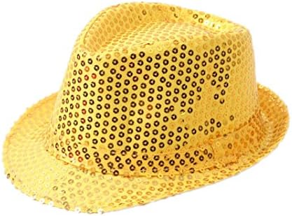 FUNNY365 Solid Color Sequins Fedora Hat (S, Yellow)