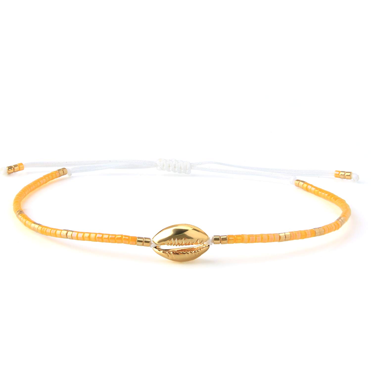 KELITCH Gold Shell Cowry Seed Beaded Bracelets Chic Beach Seashell Strand Bracelets for Girl (Yellow)