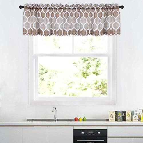 LinTimes Geometric Pattern Valance for Bathroom, Moroccan Design Valance Curtains for Windows, Rod Pocket Kitchen Valance Curtain Cafe Curtains, 56" x 15", Taupe/Brown, One Panel