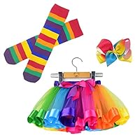 Bingoshine Little Girls Tutu Outfit,Layered Ballet Tulle Rainbow Tutu Skirt with Hairbow and Long Stockings (Rainbow, L,4-8 Years)