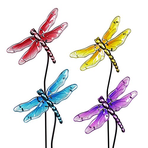 Exhart Colorful Dragonfly Decorationsâ€“ Durable Glass â€œDragonflyâ€ Garden Stakes, Garden Stake Set: Red, Yellow, Turquoise, Purple â€“ Dragonfly Decor for Garden/Yard (8.25" L x 1.25" W x 26" H)