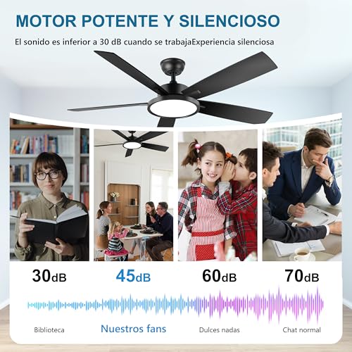 Ohniyou ventilador de techo con luces y mando a distancia, 6 velocidades, motor DC reversible, luz regulable, 52 pulgadas Negro ventilador de techo moderno luz para dormitorio patio oficina