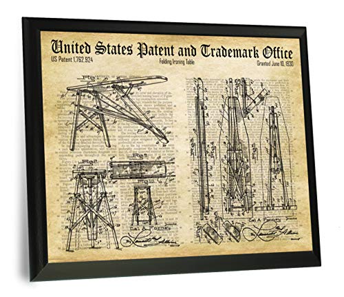 Ironing Board Patent and Trademark Drawing 9 x 12 inch Wooden Plaque