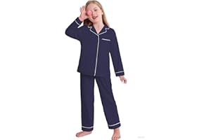 Veseacky Unisex Girls Boys Pajamas Long Sleeve Sleepwear Button-Down 2 Pcs Pjs Set for 5-14 Years
