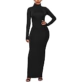 PRIMODA Women's Turtleneck Long Sleeve Bodycon Maxi Dress Casual Long Dress