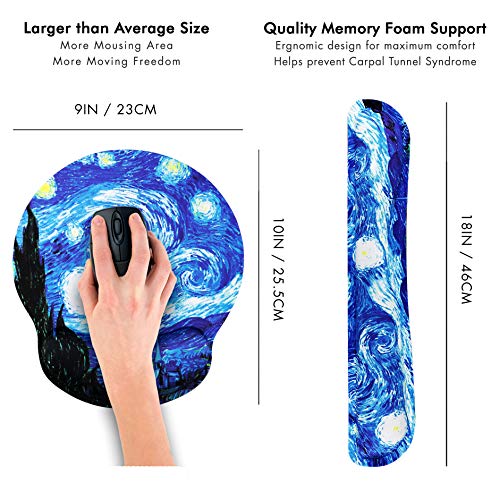 Van Gogh Starry Night Ergonomic Design Mouse Pad with Wrist Rest Hand Support and Keyboard Support. Round Large Mousing Area. Mouse Pad and Keyboard Pad for Laptop, PC Computer & Mac.