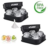 Flamen Ice Ball Maker- Easy and Fast Release Classic Tray 2 Pack No BPA. Black Flexible Silicone Ice Trays. Mold 8 X 4.5 Round Ice Ball Spheres with Funnel.