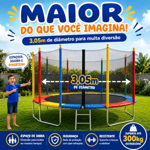 Pula Pula Infantil Cama Elástica Grande 3,05m CIRCUS Suporta até 300 kg Com Rede De Proteção E Escada