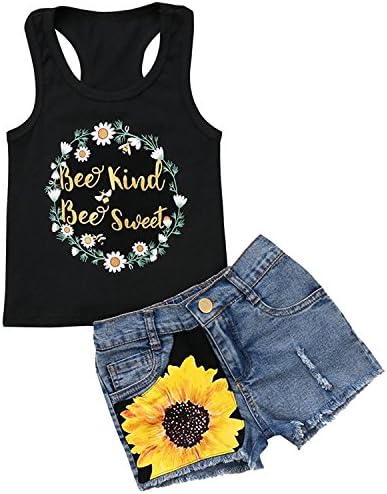 Little Girls' Shorts Set Summer Flower Printing Vest + Jeans Pants Clothes Outfits(1-2 Years)