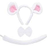 Marrywindix Mouse Costume Accessory Set 3pcs White Mouse Headband Bow Tie Tail Costume Animal Set for Adults Halloween Animal Cosplay Theme Party