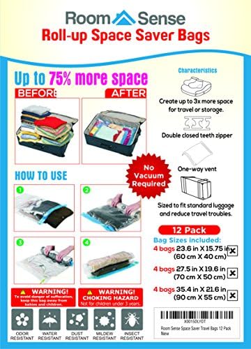 Roll Up Space Saver Travel and Home Organization Compression Bags (No Vacuum Required) by Room Sense (12 Bag Set - Small, Medium, and Jumbo)