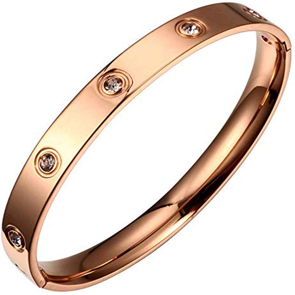 Forleiton Men Women's Oval Pave Crystal CZ Cuff Stainless Steel Bangle Bracelet Jewelry 7.5'' (Rose Gold-Perimeter 7.5inches)