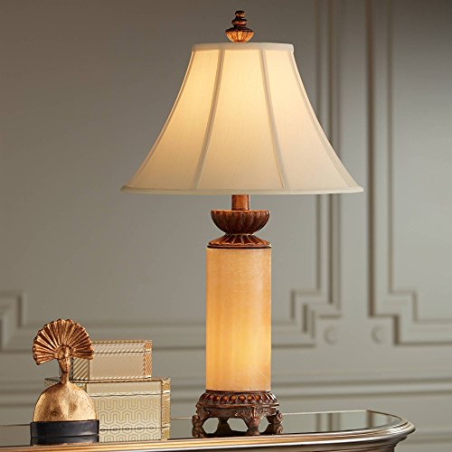 Traditional Table Lamp with Nightlight Bronze Onyx Column Off White Bell Shade for Living Room Family Bedroom - Barnes and Ivy