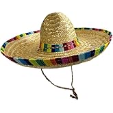 GiftExpress Straw Sombrero Hat 19" Wide, Adult Unisex Mexican-Style Fiesta Hat with Serape Band & Adjustable Chin Strap for Cinco de Mayo, Halloween & Party Costumes