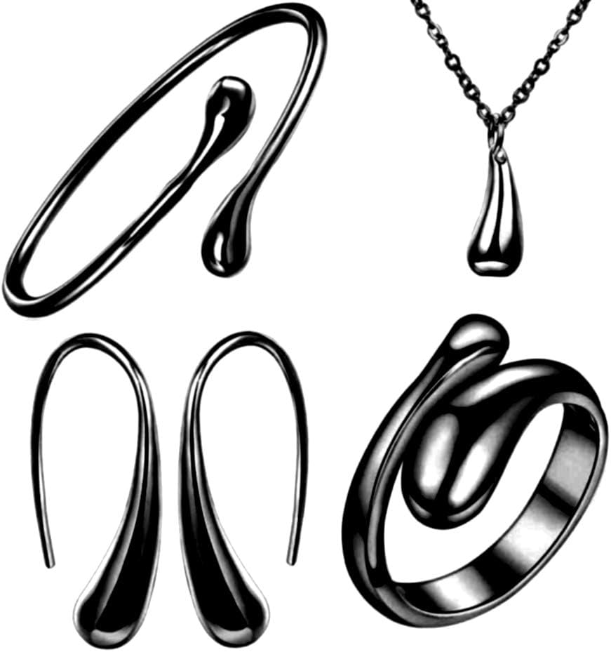 NYKKOLA Necklace Earring Ring Bangle Set for 4 Pcs (Black)